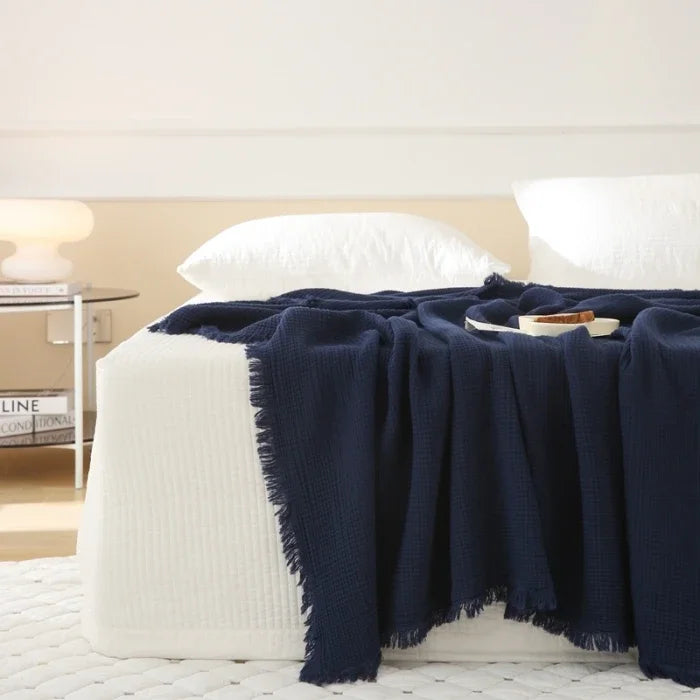 Japanese solid color retro B & B cotton four-layer yarn blanket fringed blanket