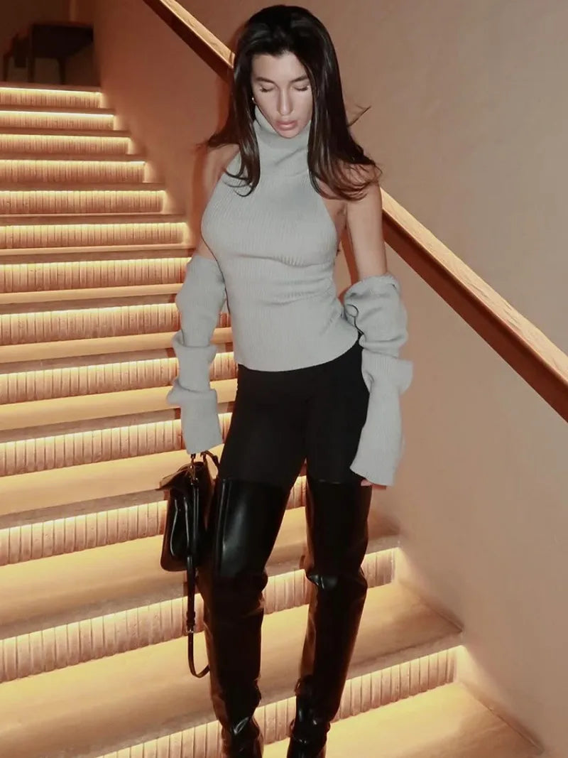Grey Knit Turtle Neck Removable Sleeve Tank Top
