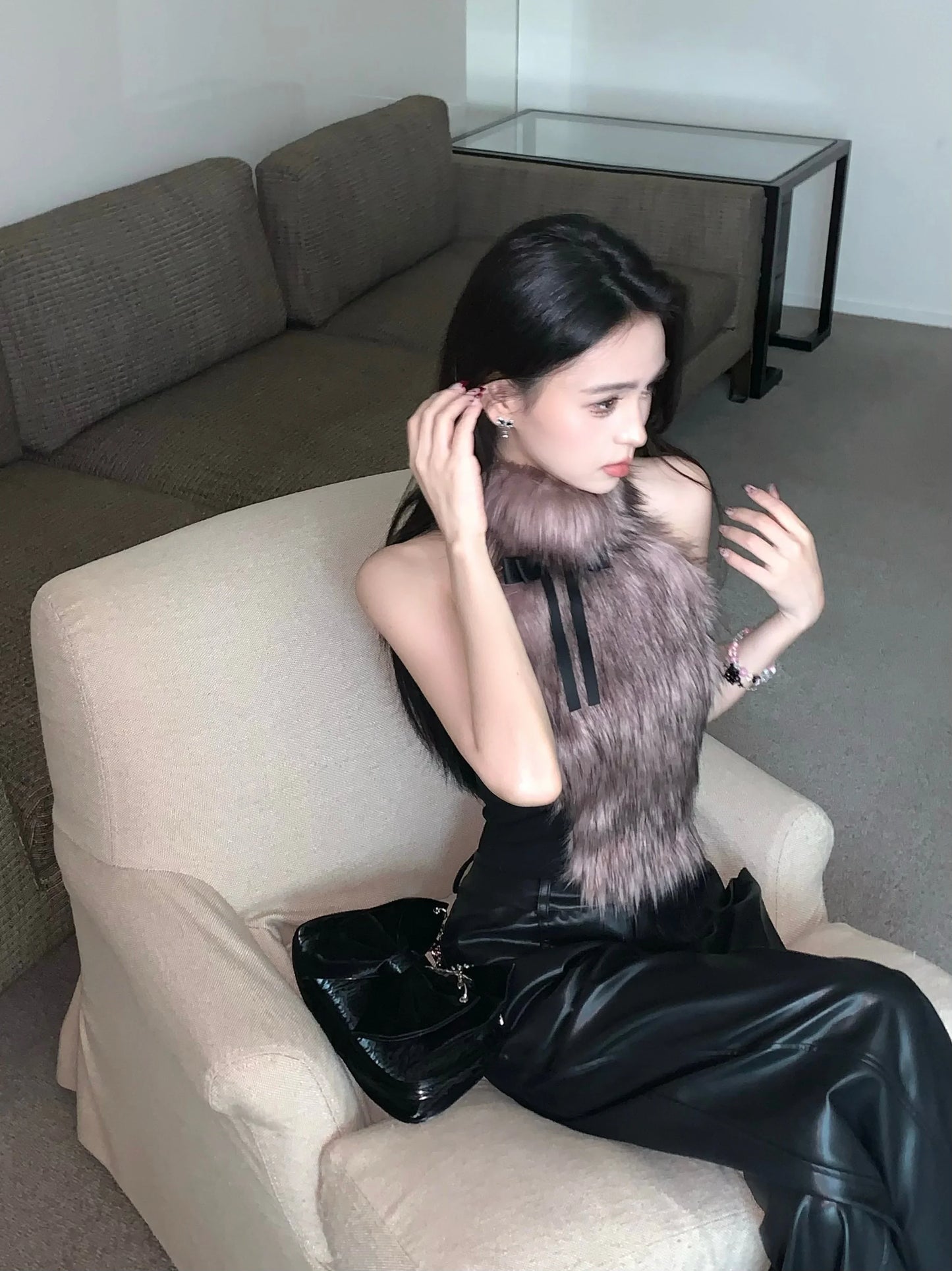 Faux Fur High Collar Sleeveless Camisole Tank Top