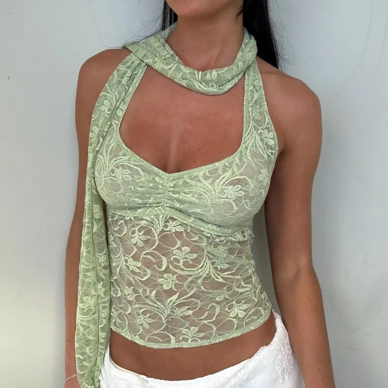 Green Lace Crop Scarf Top
