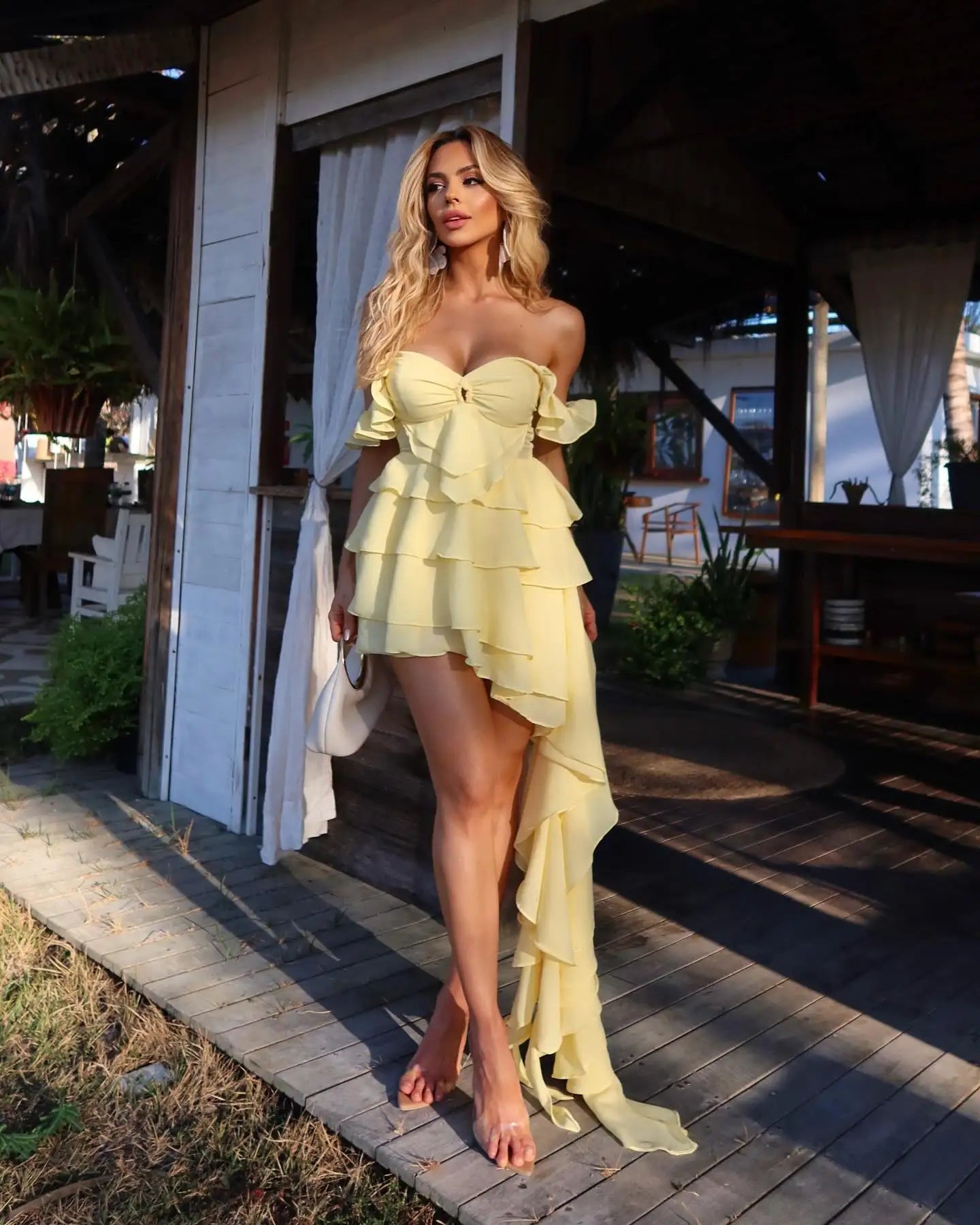 Yellow Ruffle Off Shoulder Layered Mini Dress