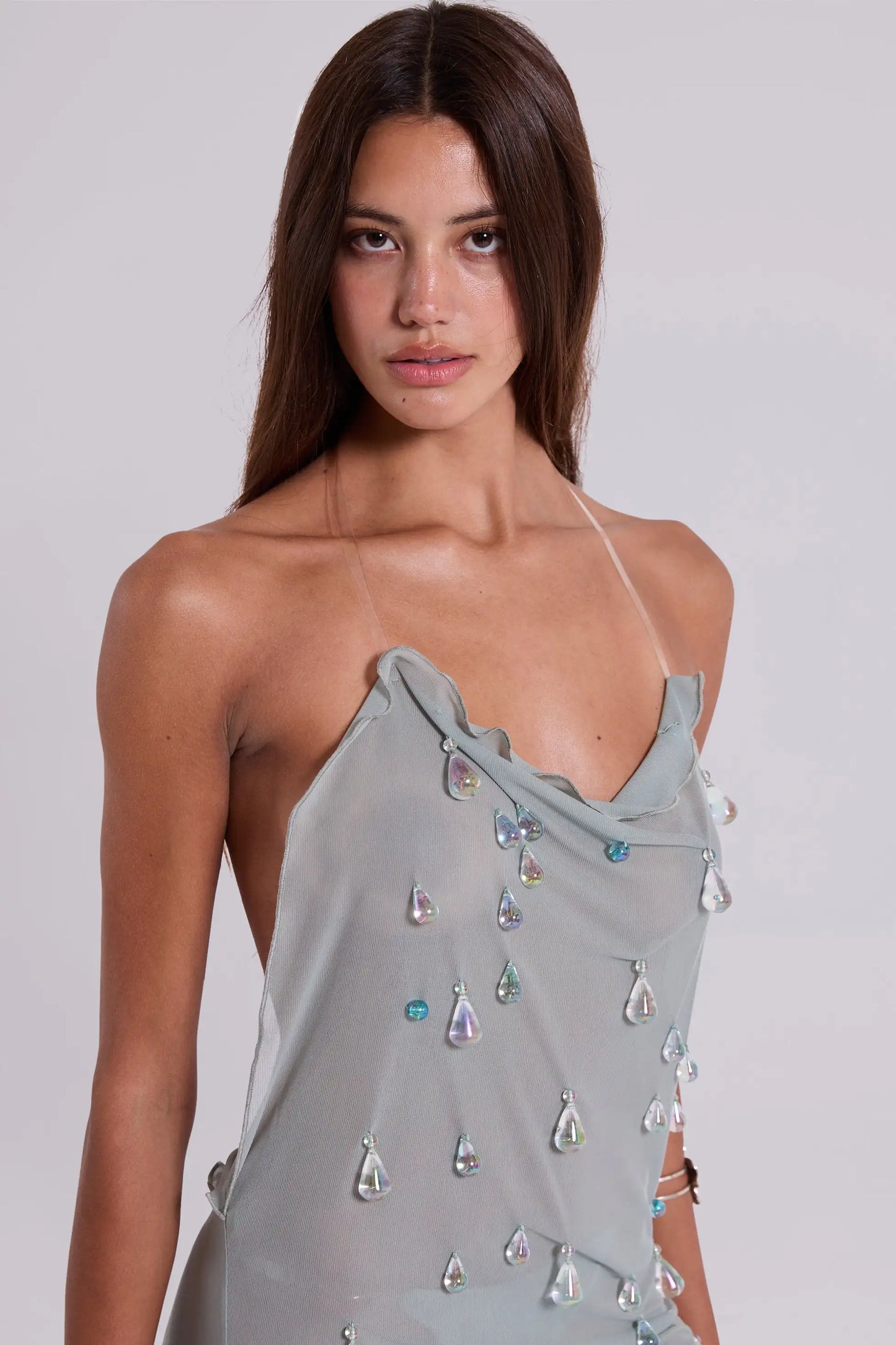 Droplet Beaded Sheer Cowl Neck Mini Dress and Bikini