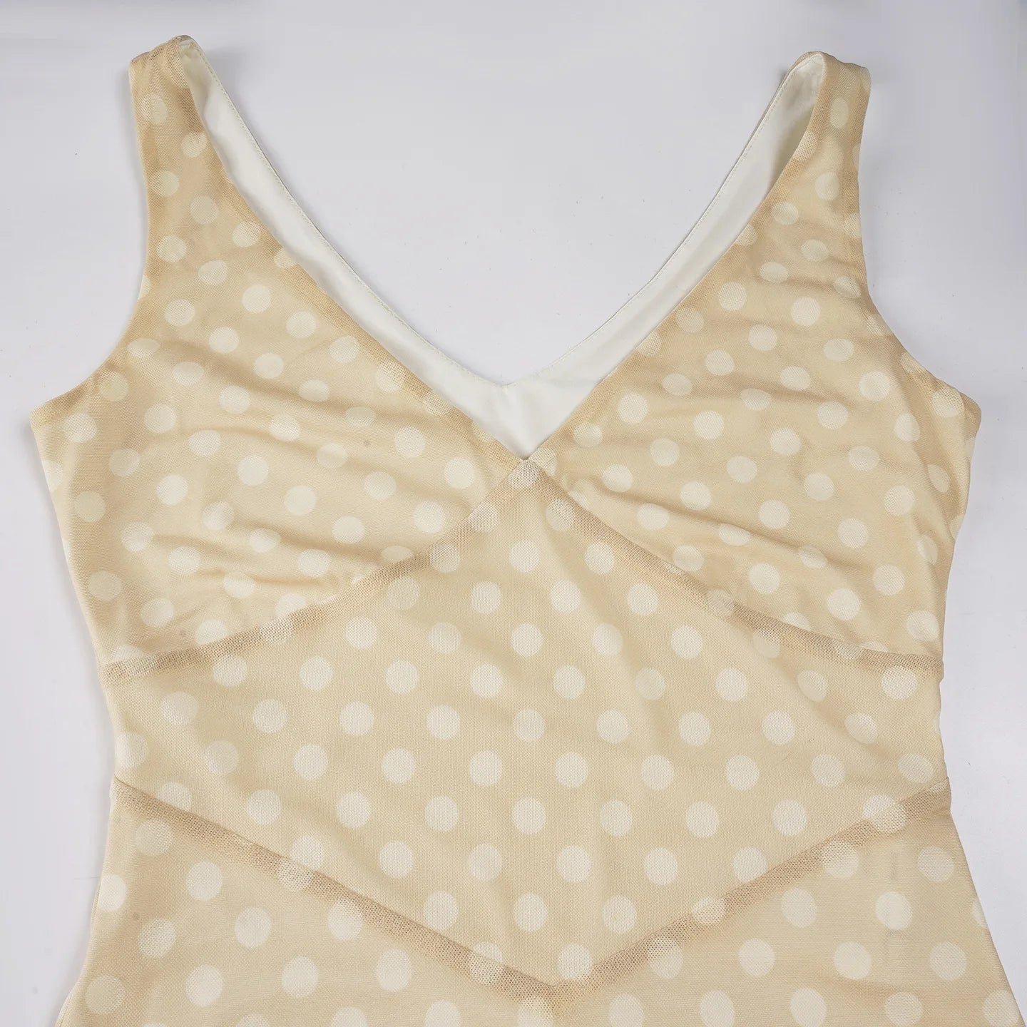 Beige Polka Dot Ruffle Midi Dress