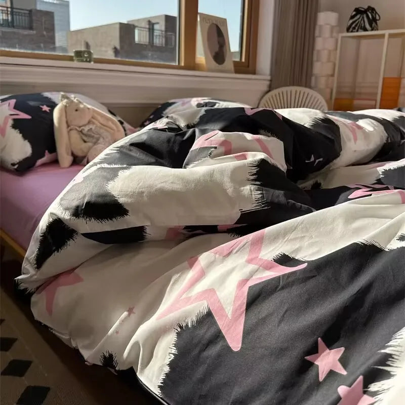 Korean Style Fashion Bedding Set Kids Adults Twin Full Queen Size Blue Bed Flat Sheet Duvet Cover Pillowcases Floral Bed Linen