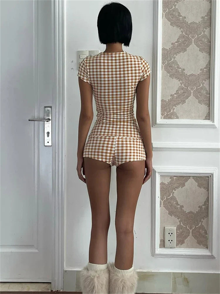 Brown Plaid Short Sleeve Top And Shorts Set