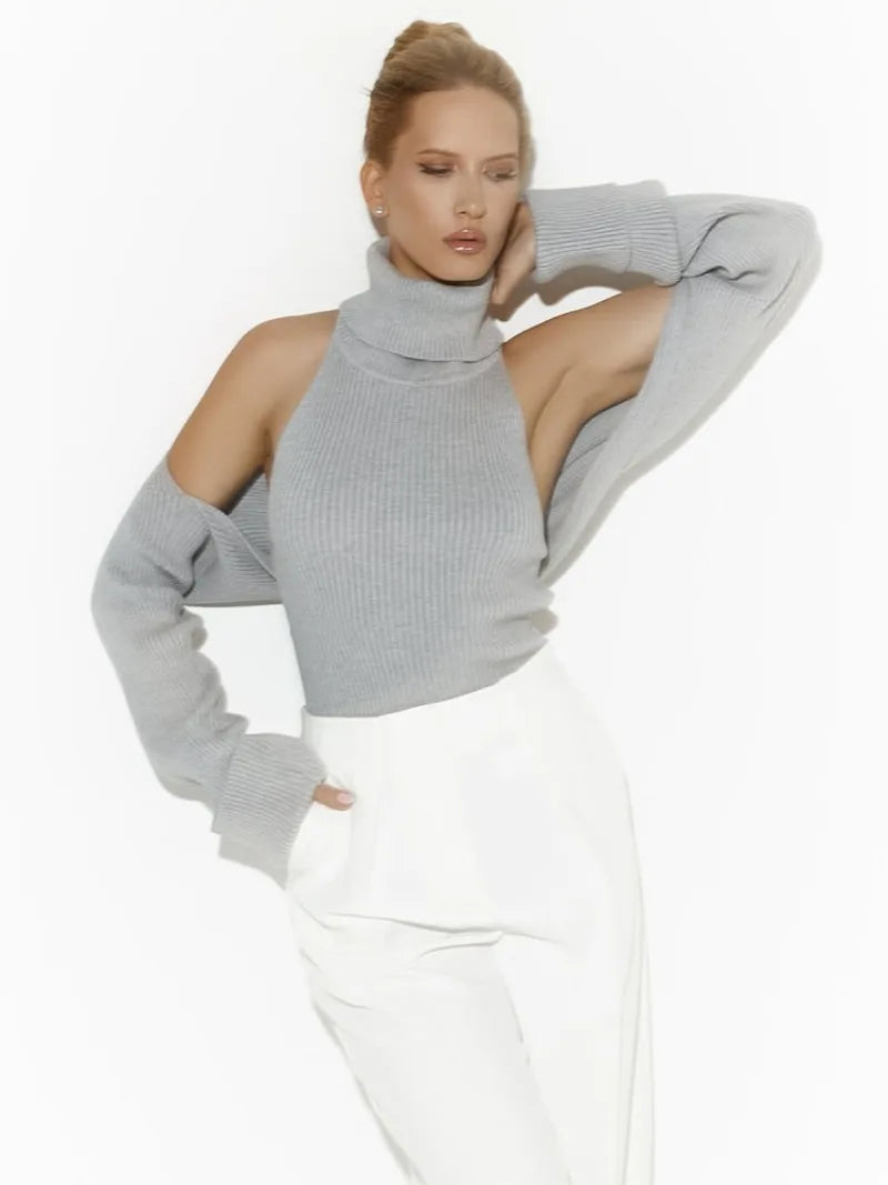 Grey Knit Turtle Neck Removable Sleeve Tank Top