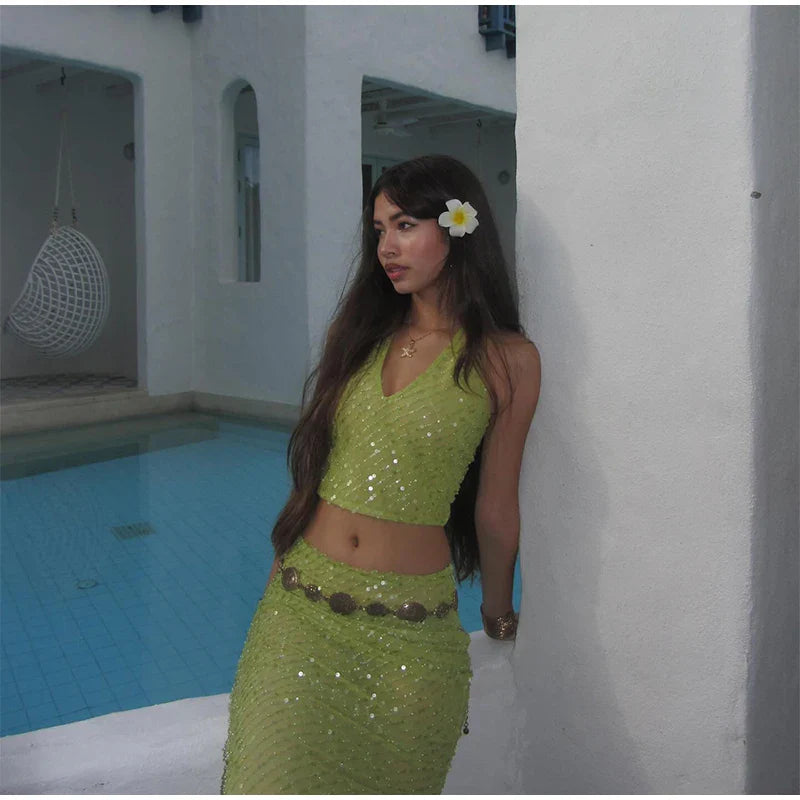 Green Sequin V-neck Halter Tie And Midi Skirt Set