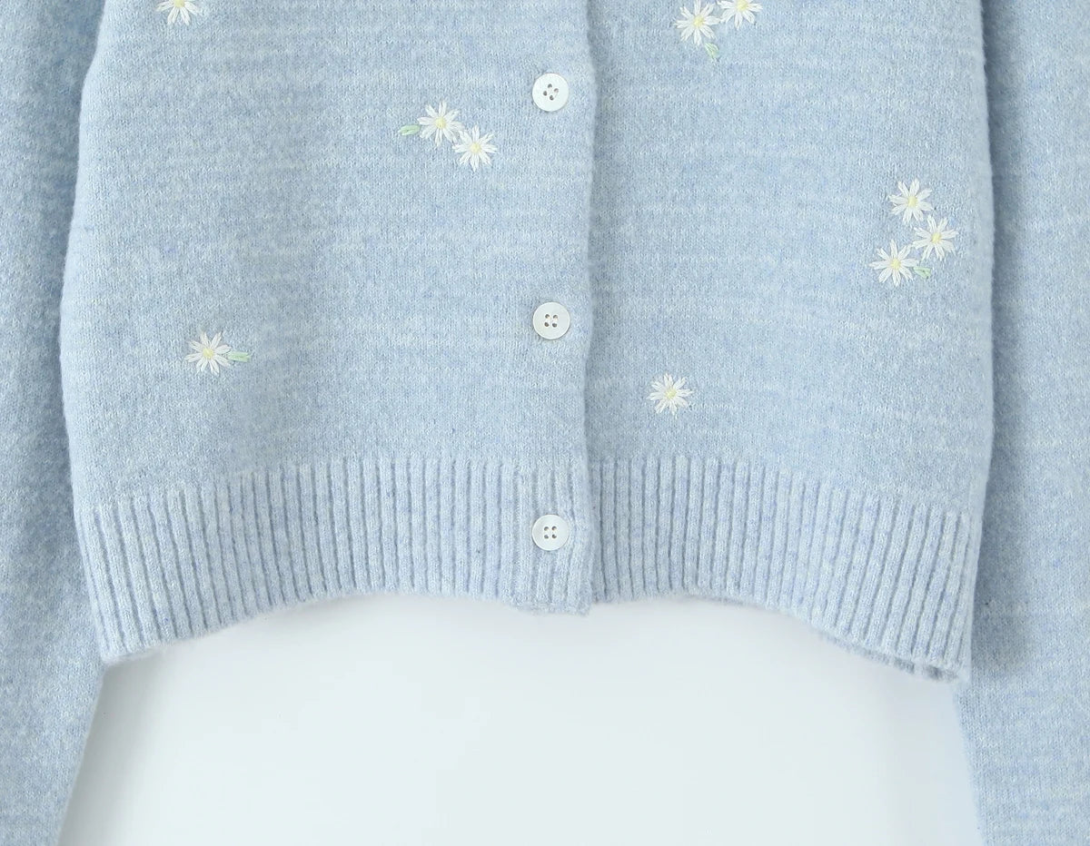 Blue Embroidery Flower Button Cardigan