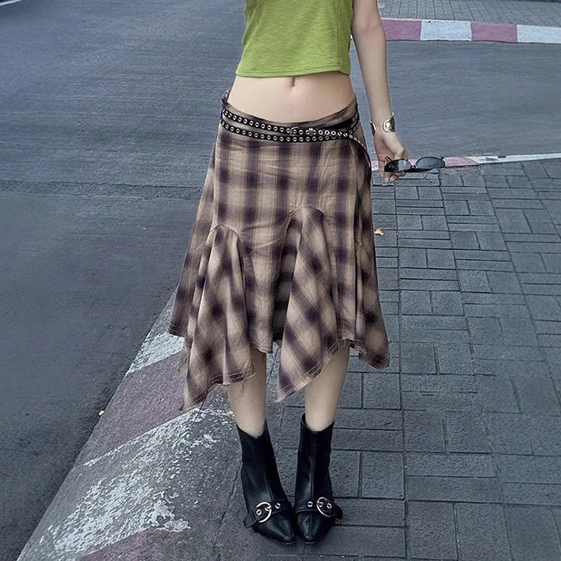 Irregular Hem Plaid Printed Midi Skirt