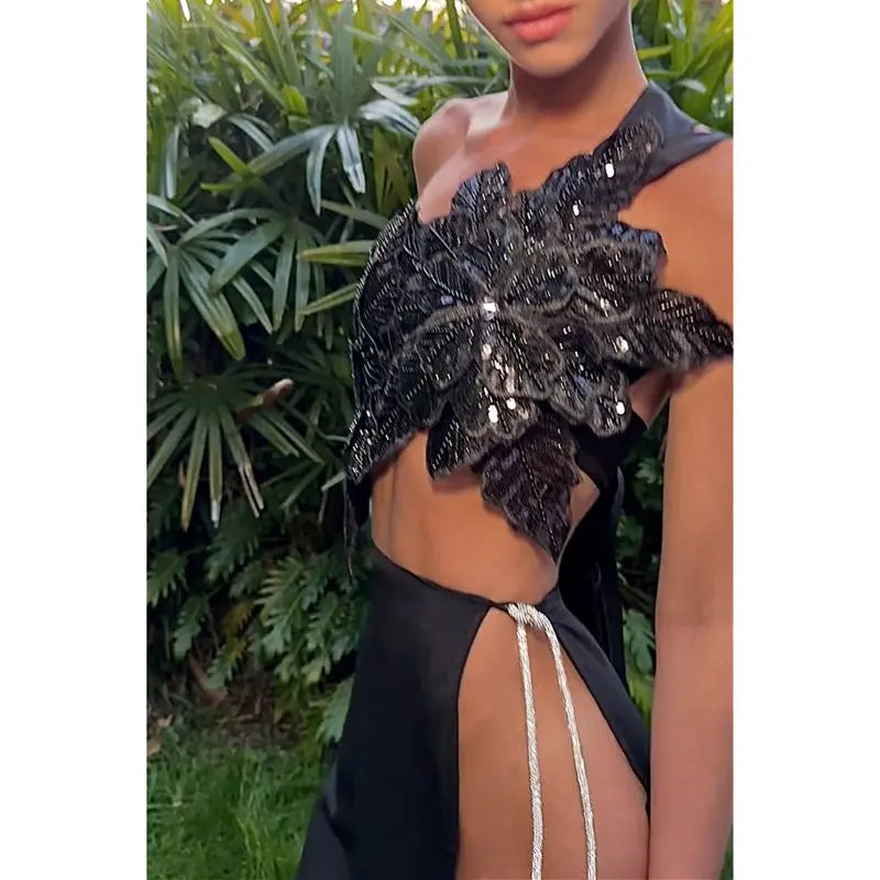 3D Layered Flower Rhinestone Bra Bow Tied Top