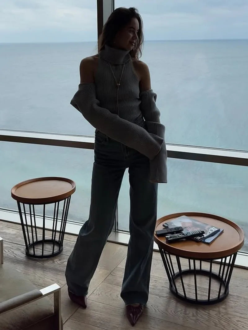 Grey Knit Turtle Neck Removable Sleeve Tank Top