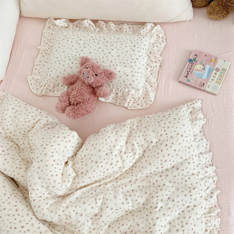 Korean Baby Girl Crib Bedding Set Bunny Rose Cherry Floral Cotton Muslin Cot Bedding Kit Duvet Cover Pillowcase No Filler