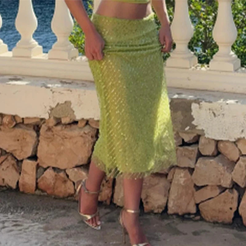 Green Sequin V-neck Halter Tie And Midi Skirt Set