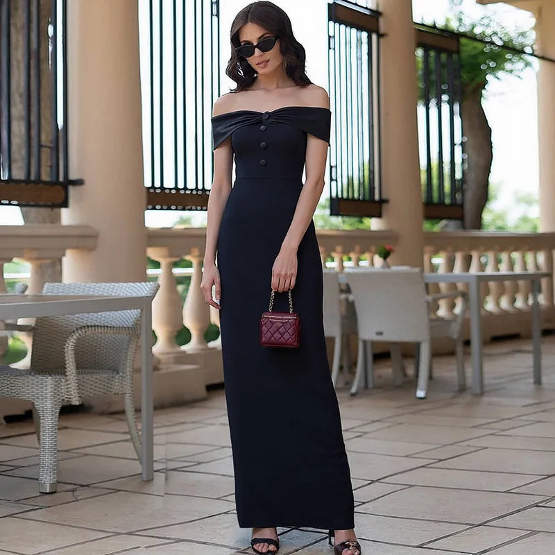 Black Off-shoulder Satin Buttoned Maxi Dress