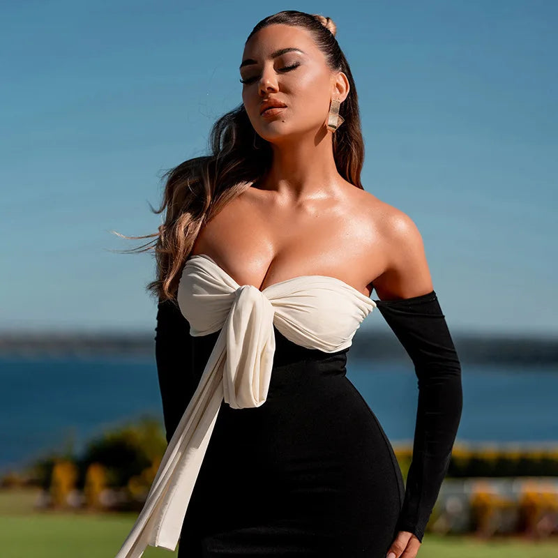 Black Patchwork Tie Up Off-shoulder Maxi Dress