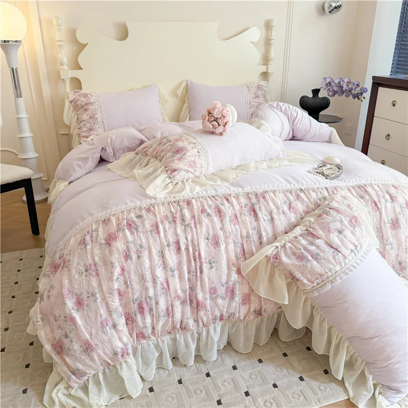 Flowers Lace Ruffles Princess Wedding Bedding Set Full Queen King Duvet Cover Bed Skirt/Bed Sheet/Fitted Sheet Pillowcases 4Pcs