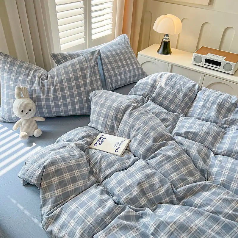 Grey Plaid Bedding Set Ins Style Nordic Duvet Cover Flat Sheet Pillowcases No Filler Full Queen Size Girls Boys Home BedSpread