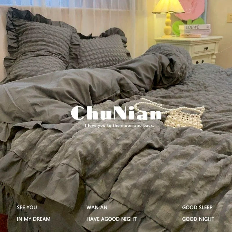 INS Girl Blue Bedding Sets Solid Color Seersucker Ruffles Lace Kawaii Soft Sheet Woman Duvet Cover Pillow Covers Quilt Cover
