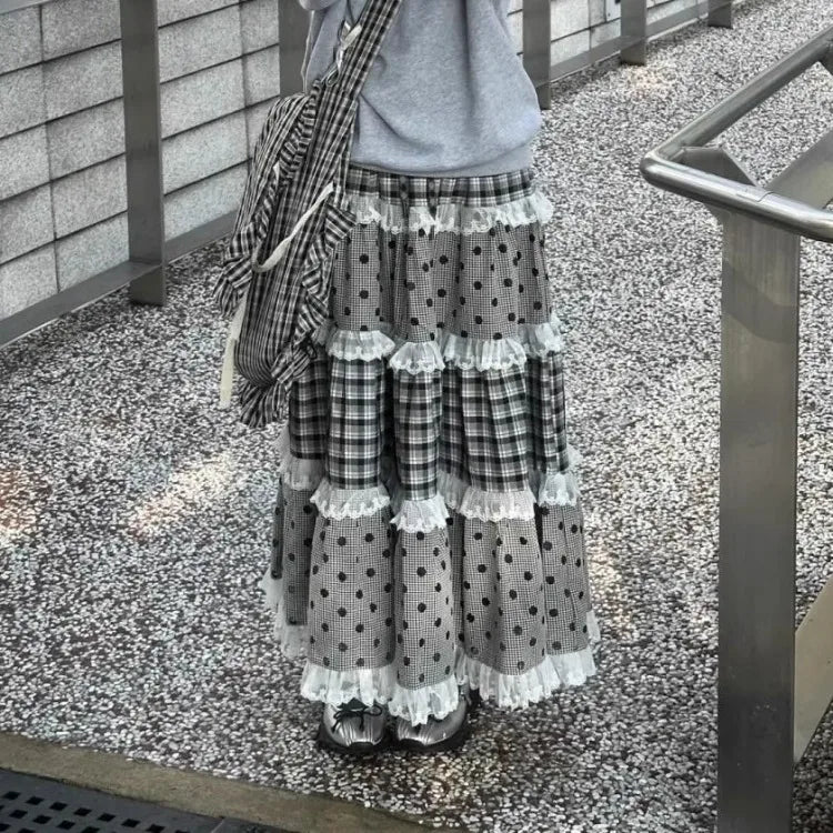 Black Plaid and Polka Dot Lace Patchwork Ruffles A-line Maxi Skirt - Casual Regular Fit