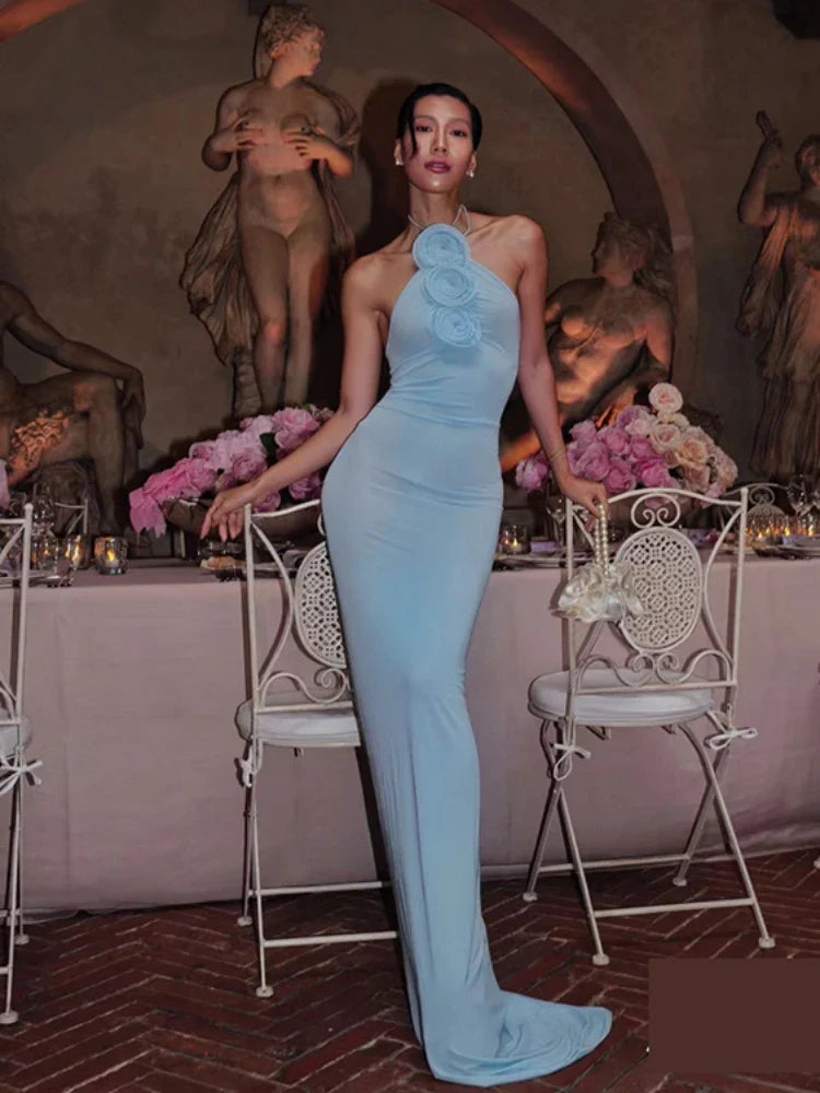 Blue Halter Neck 3D Flower Bodycon Long Dress