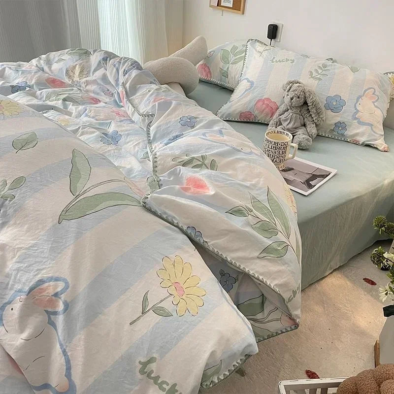 Bedding Set Girls Cherry Soft Washed Cotton Bed Sheet Queen King Size Duvet Set Comforter Set Pillowcase Bed Linens
