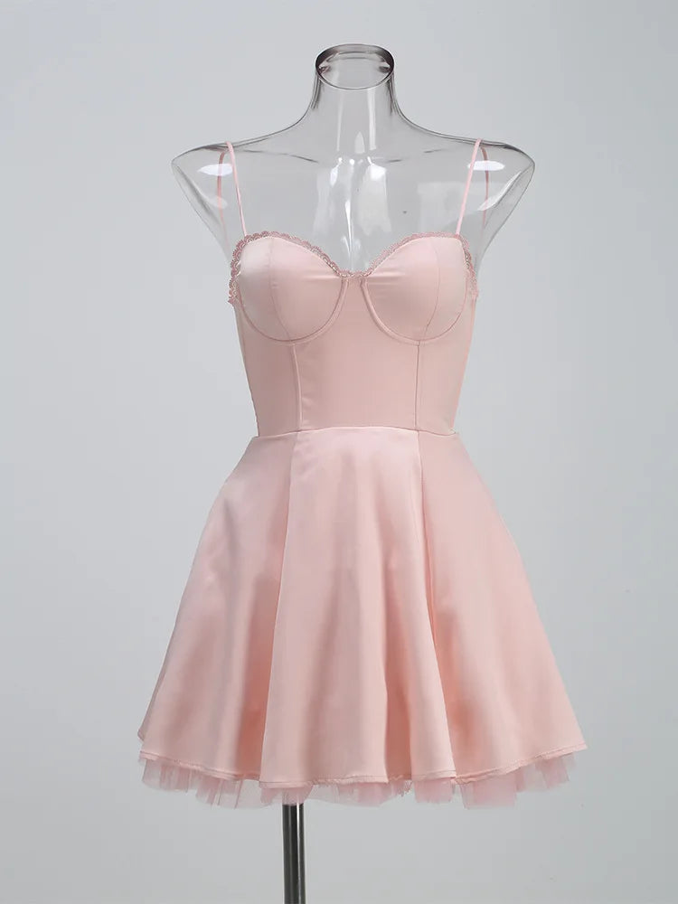 Satin Tulle Frill Strap Mini Dress
