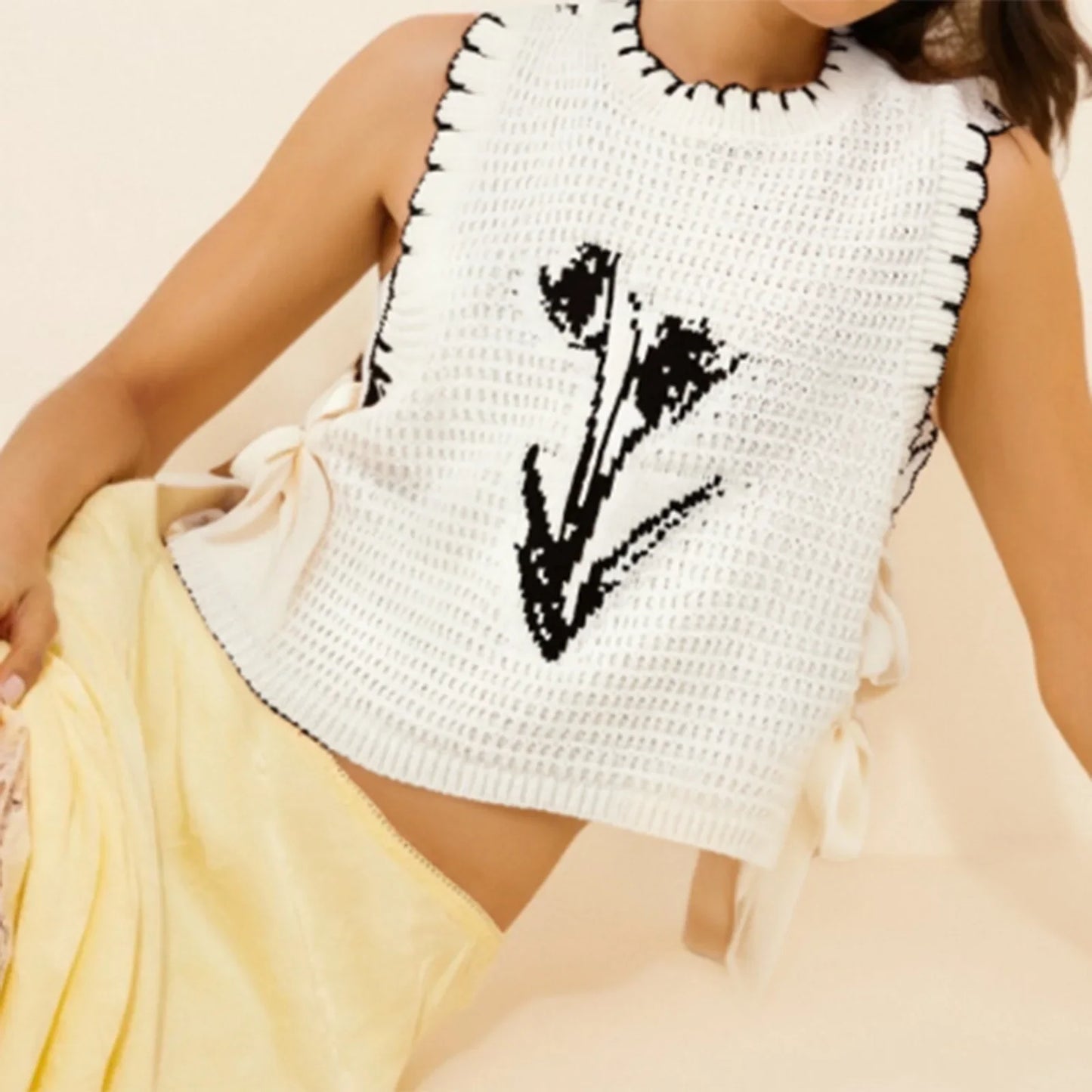 White Knit Square Tie Up Flower Tank Top