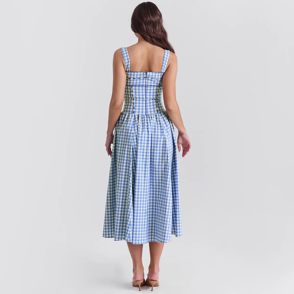 Blue Gingham Strap Midi Dress