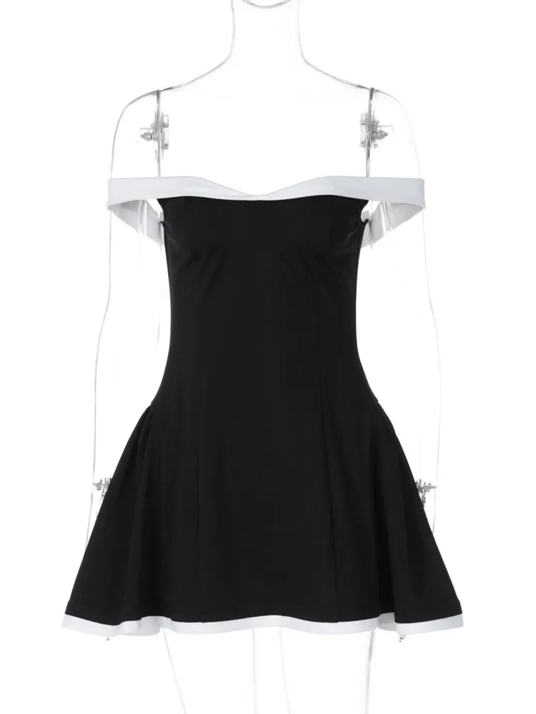 Black Flare White Off-shoulder Mini Dress