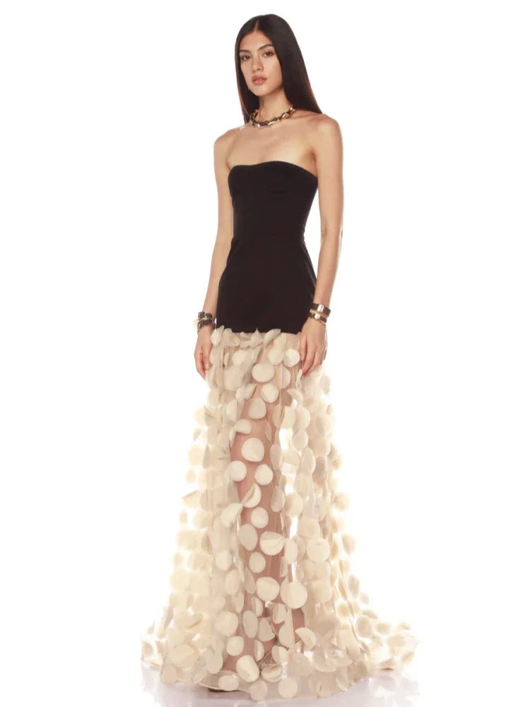Black Strapless Dot Mesh Long Dress �A-Line Empire Waist