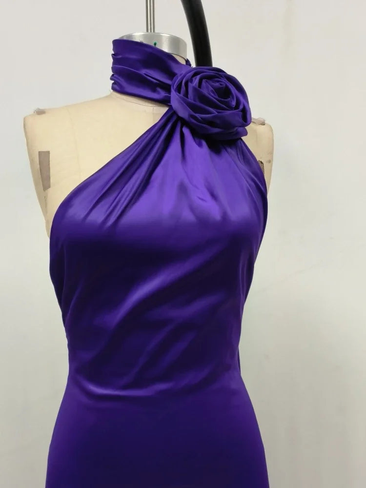 Purple Halter Neck 3D Flower Design Backless Long Dress