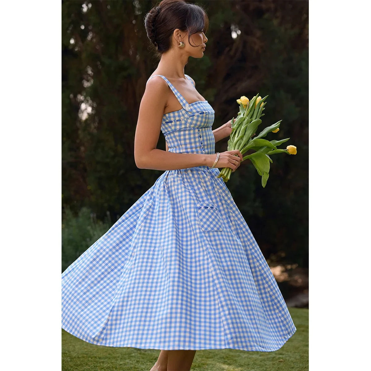 Blue Gingham Strap Midi Dress