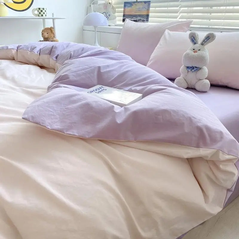 Korean Solid Purple Bedding Set Soft Flat Sheet Duvet Cover Pillowcase Polyester Bed Linen Twin Queen Full Size Quilt Cover Set