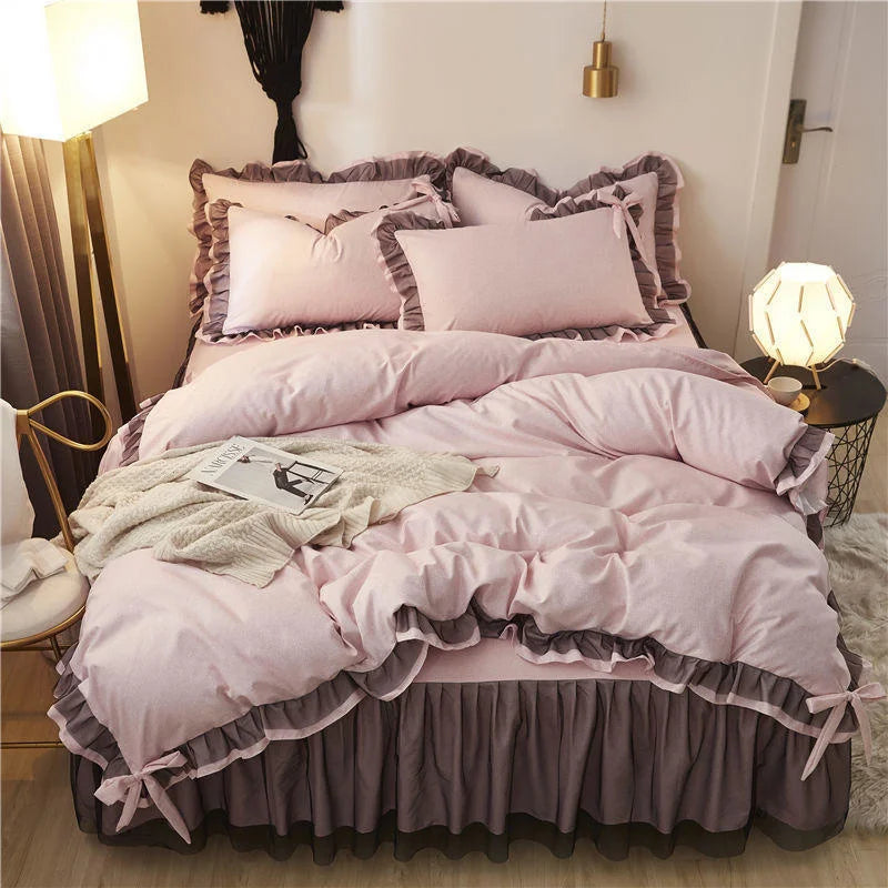 Luxury Black Princess Bedding Sets Kawaii Bed Skirt Sheet Pillowcase Fashion Girl Duvet Cover 4 Pieces Home Decoration