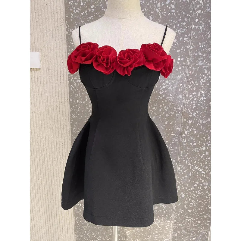 Black Cami 3D Red Flower Mini Dress