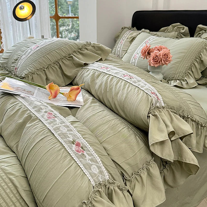 Korean Princess Style Lace Ruffles Wedding Bedding Set Seersucker Washed Cotton Soft Duvet Cover Set Bed Sheet Pillowcase 3/4Pcs
