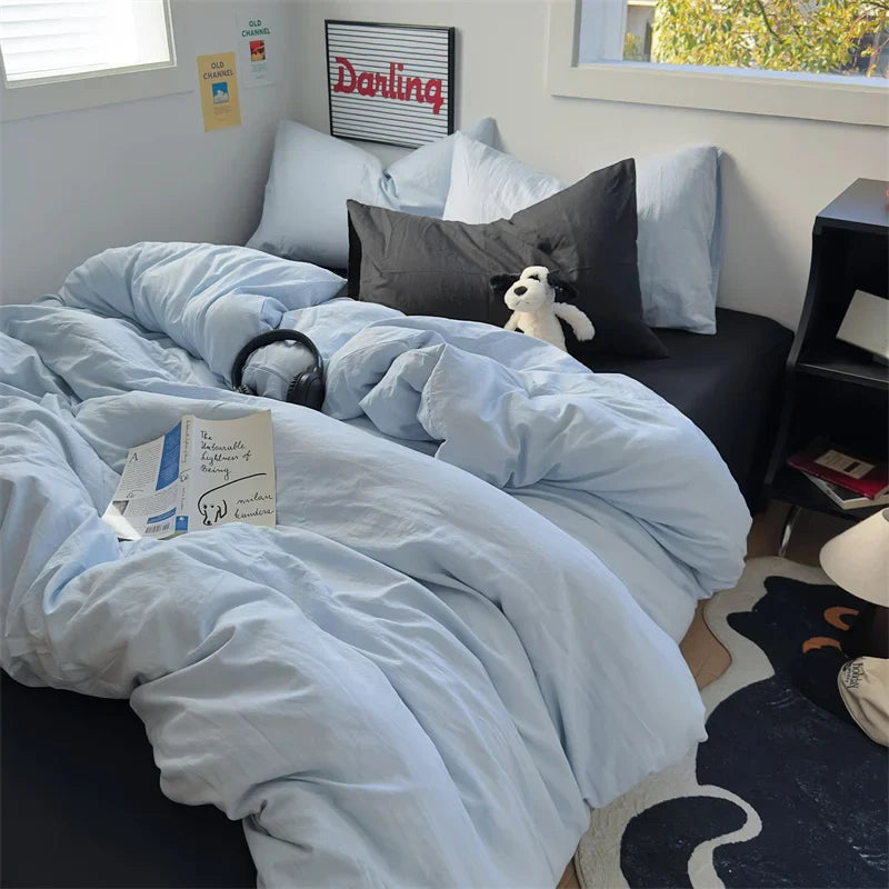 INS Hot Coffee Bedding Set For Girls Soft Washed Cotton Bed Sheet Queen King Size Duvet Set Comforter Set Pillowcase Bed Linens