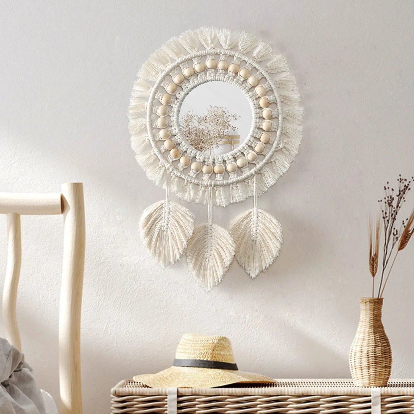 Macrame Decorative Wall Mirror Boho Home Decor Makeup Aesthetic Mirrors Living Room Bedroom Christmas Wedding Decoration Gift