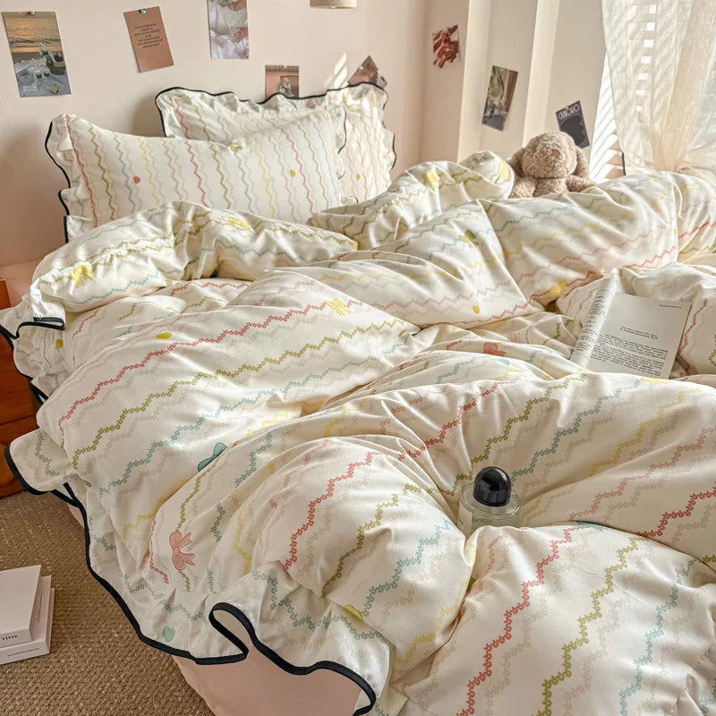 Korean Style Floral Ruffles Knitted Double Yarn Bedding Set Double King Queen Size Duvet Cover Flat/Fitted Bed Sheet Pillowcases