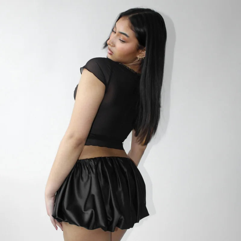 Satin Elastic Low Waist Bubble Mink Skirt