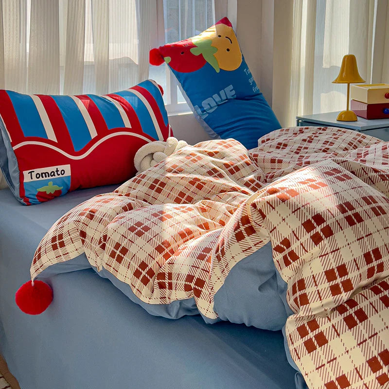 4pcs Grid positionin bedding Set (1*Duvet Cover +1 flat sheet + 2*Pillowcase, Wool ball decorative duvet cover pillowcases