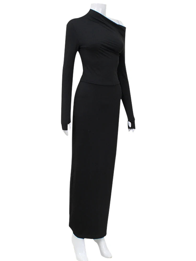 Black Off-shoulder Long Sleeve Top And Maxi Skirt Set