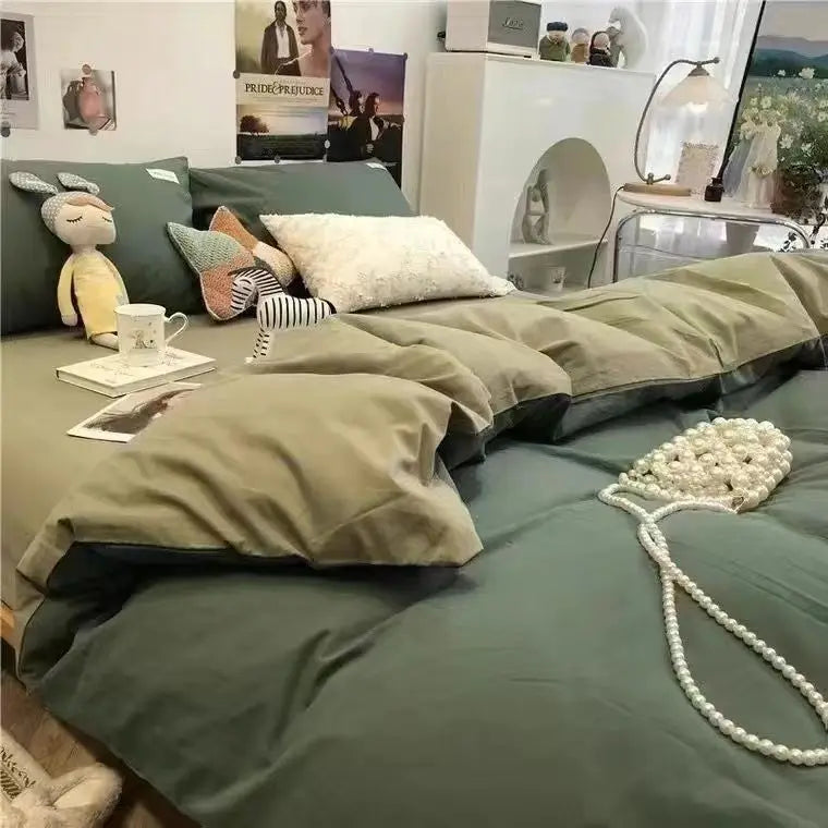 Solid Grey Matcha Color Bedding Set Adults Kids Twin Full Queen Size Bed Flat Sheet Duvet Cover Set Pillowcases Simple Bed Linen