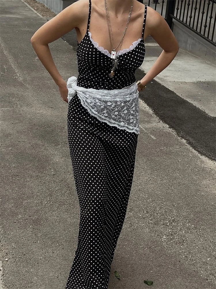 Black Polka Dot Lace Scarf Tie Up Wasit Maxi Dress