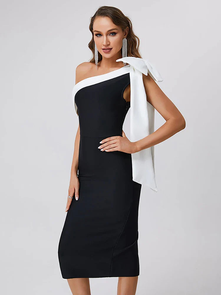 Black One Shoulder Contrast Tie Up Midi Dress