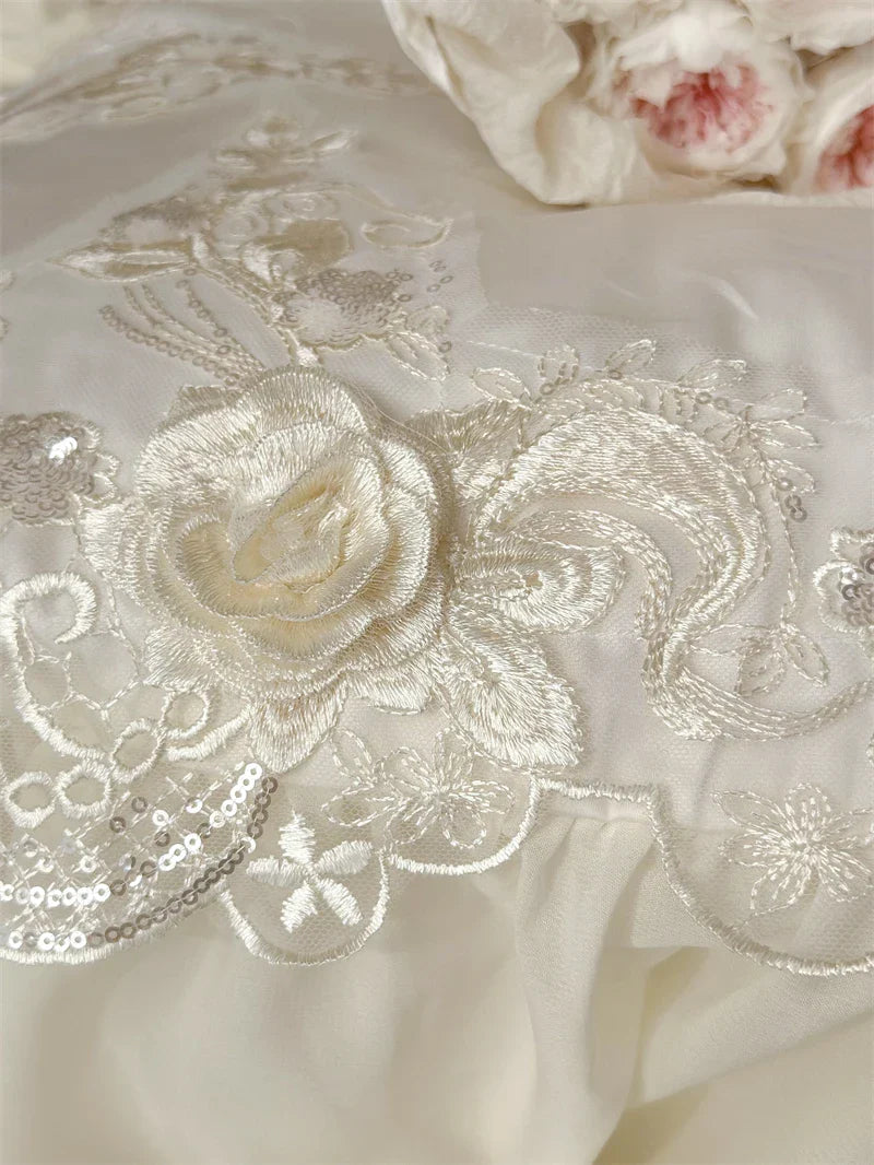 Egyptian Cotton Wedding Bedding Set, Romantic French Lace Ruffles, Flowers Embroidery, Duvet Cover, Bed Sheet, Pillowcases