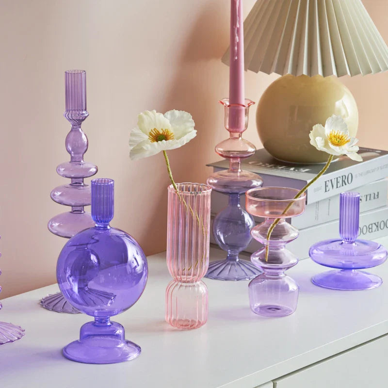 Lilac Glass Candlesticks Candle Holders Wedding Table Centerpieces Nordic Home Decoration Christmas Gift Glass Candle Holder
