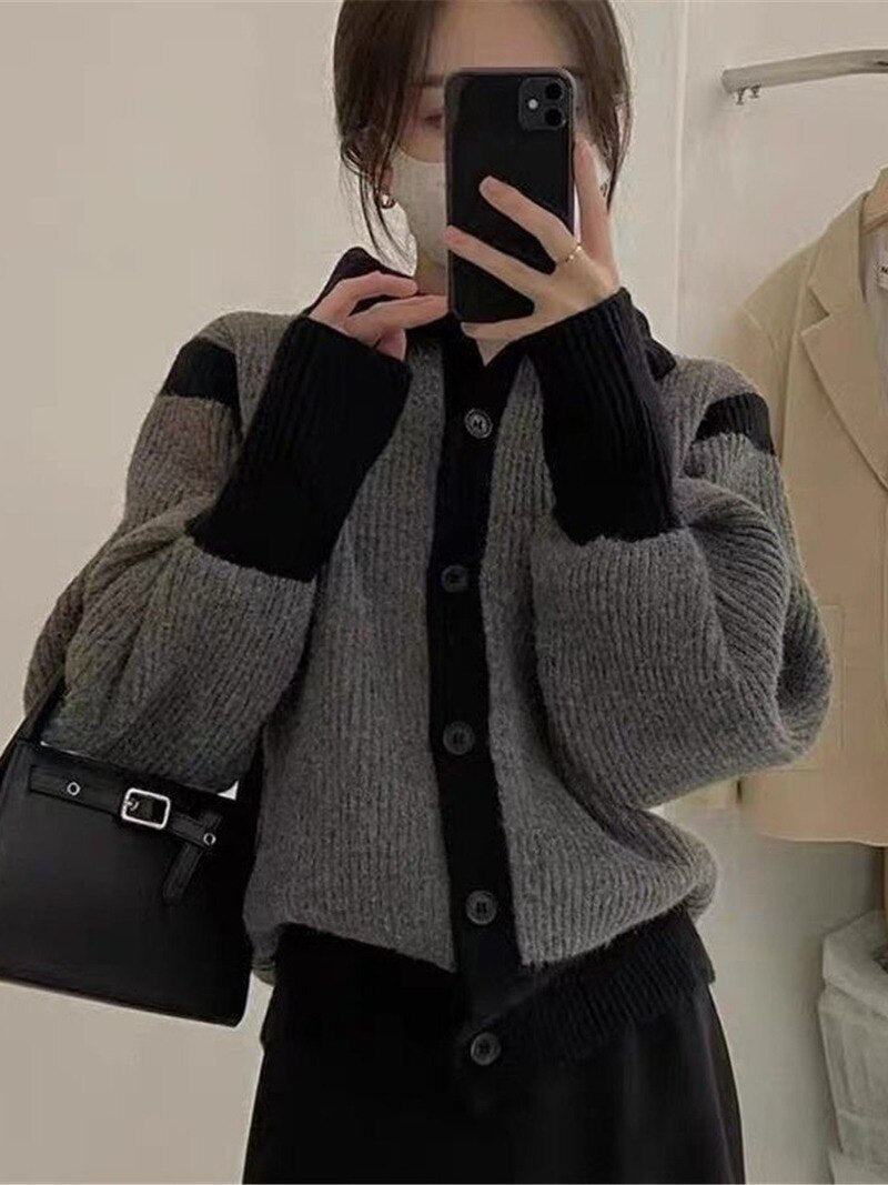 Contrast Turtleneck Buttoned Cardigan