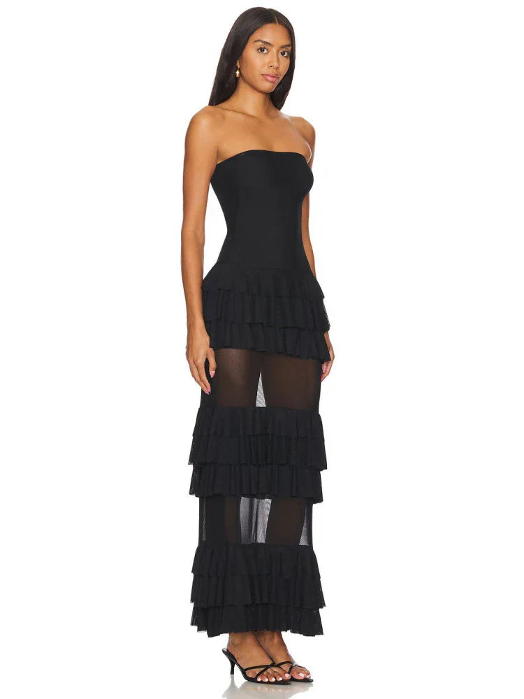 Black Ruffles Patchwork Strapless Maxi Dress