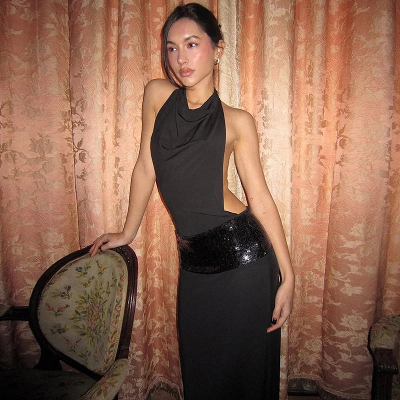 Black Halter Backless Sequin Patchwork Maxi Dress